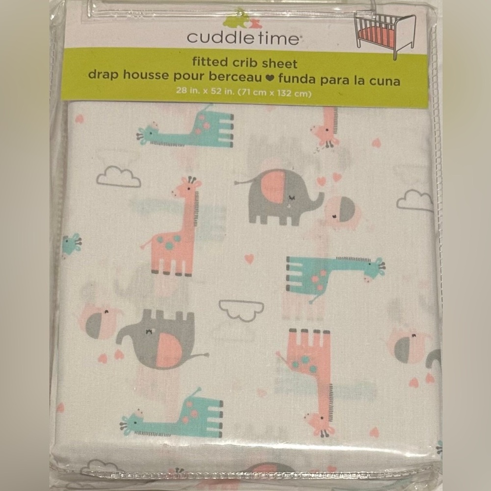 New Cuddle Time Fitted Crib Sheet - Adorable Giraffe & Elephant Print 28” X 52”